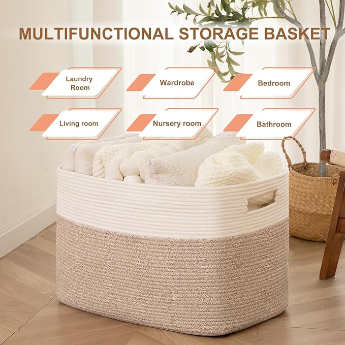 Extra Large Blanket Basket, Toy Basket Bin for Kids, Cotton Rope Woven Storage Basket for Living Room, Nursery, Baby Room Decorative Organizer, 24''×16''×15'', Brown & White