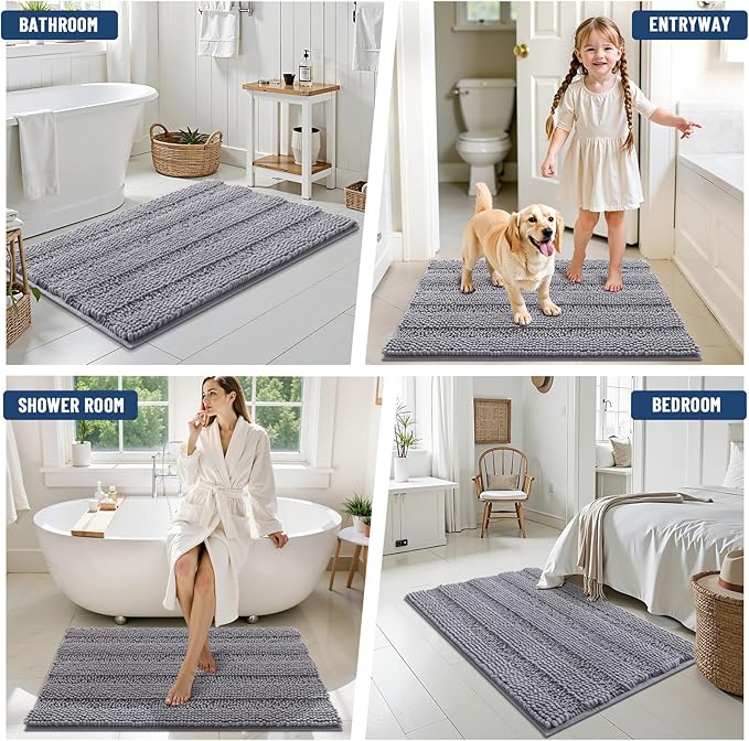 Grandaily Chenille Striped Bathroom Rugs 24x16, Extra Thick and Soft Absorbent Bath Mats, Rubber Backing, Plush Shaggy Shower Carpet, Machine Wash Dry, Bath Rug for Bathroom, Grey