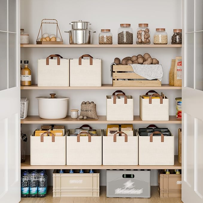 StorageWorks Storage Bins, Shelves Baskets for Organizing, 45L Extra Large Fabric Closet Organizers with Handles, Metal Frame, Beige-Texture, 2-Pack