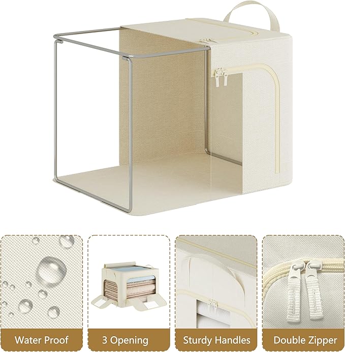 Pinkpum 3 Pack Clothes Storage Bins with Metal Frame, Closet Organizers and Storage Boxes, Stackable & Foldable Clothes Organizer Bags with Large Clear Window & Long Carry Handles, Beige 40L