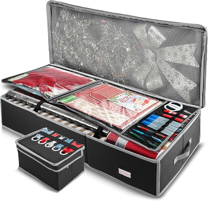 Hearth & Harbor Wrapping Paper Storage Container with Ribbon Storage Organizer - Christmas Storage Bag with Extra Interior Pockets - Gift Wrapping Organizer Storage Fits Up to 26 Rolls of 40" Length