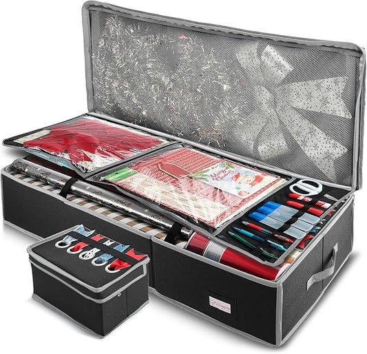 Hearth & Harbor Wrapping Paper Storage Container with Ribbon Storage Organizer - Christmas Storage Bag with Extra Interior Pockets - Gift Wrapping Organizer Storage Fits Up to 26 Rolls of 40" Length