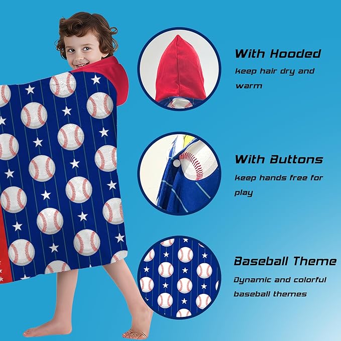 Hooded Towels for Kids -Toddler Beach Towel- Super Absorbent & Quick Dry 100% Cotton 35x60 Inch - to Kid Ages 3-12-Baseball Pattern Design