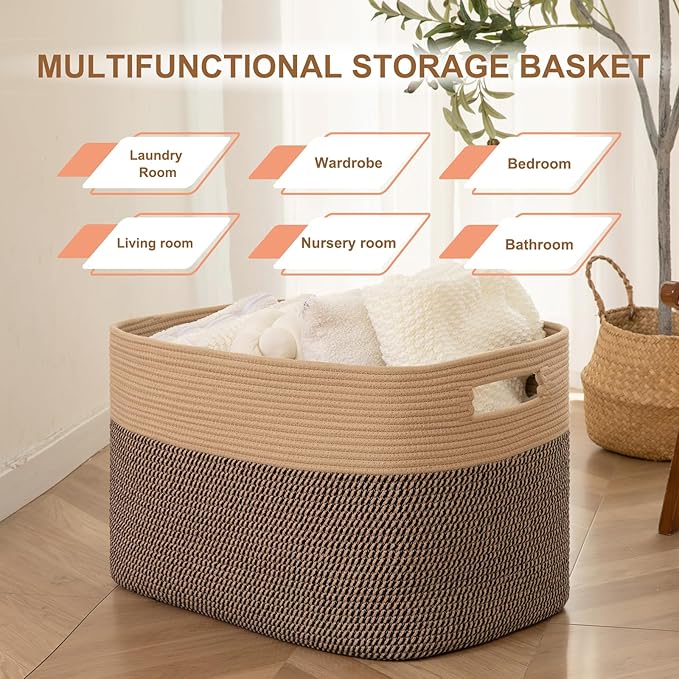 Extra Large Blanket Basket, Toy Basket Bin for Kids, Cotton Rope Woven Storage Basket for Living Room, Nursery, Baby Room Decorative Organizer, 24''×16''×15'', Brown & Black