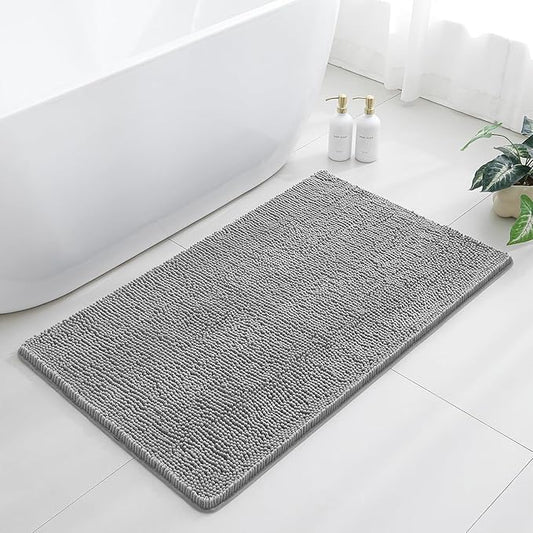 Gray Bathroom Rugs 30"x50" - Large Plush Chenille Non-Slip Runner Bath Mat - Absorbent, Washable, Soft Decor for Shower, Sink, Tub, Floor, Home Accessories
