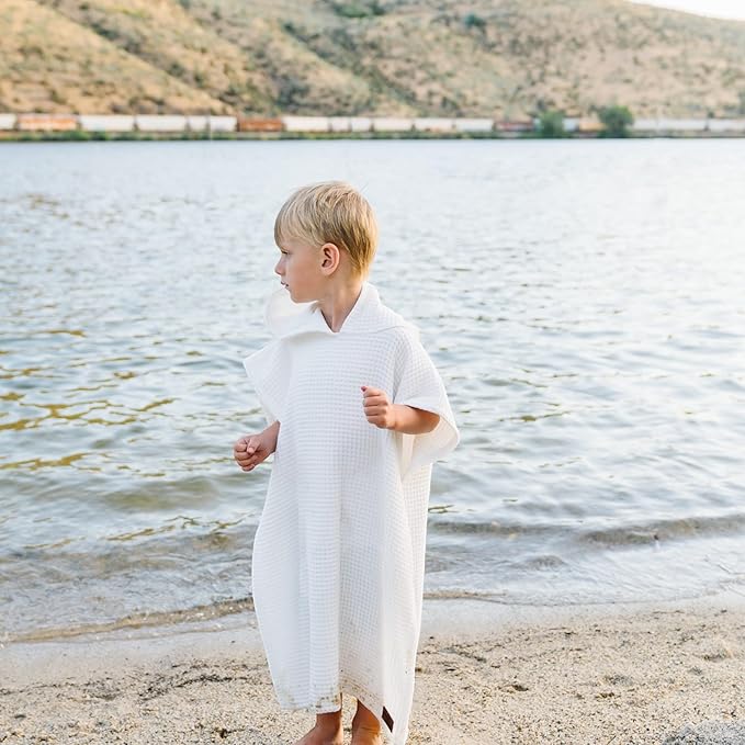 Jade&Kai Hooded Towel for Kids | Snaps into a Poncho | Organic Cotton Waffle | Lightweight and Absorbent | Bath, Beach, and Pool | Multiple Colors | (Medium (3-6 Yrs), Lily White)