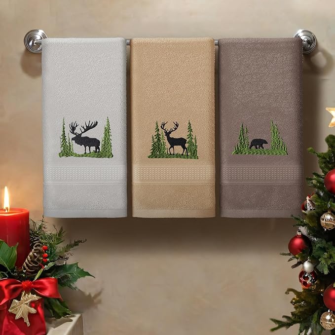 3 Pcs Farmhouse Cabin Bear Hand Towels Forest Moose Deer Embroidered Rustic Decorative Bathroom Towels for Bathroom Kitchen Decor, 100% Cotton, 13.3 x 29.5''