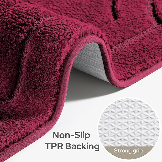 HOMEIDEAS Bathroom Rugs Sets 2 Piece, Extra Soft and Absorbent Microfiber Plush Bath Mat with Non Slip Backing(Burgundy Red)