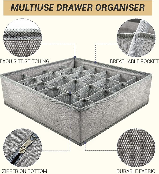 4 Pack 96-Cell Fabric Sock Organizer and Tie Organizer For Men - Fabric Foldable Drawer Divider for Socks, Underwear, Ties and Belts - Foldable, Multi-Cell Design, Space-Saving (Grey)