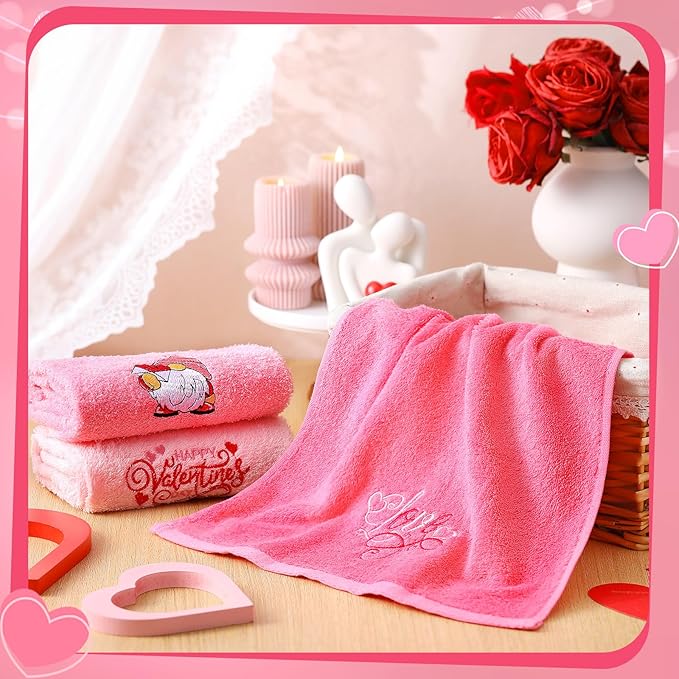 3 Pack Valentine's Day Hand Towels 13.4 x 29.2 Inch Cotton Embroidered Love Happy Valentines Day Gnome Bathroom Towel Absorbent Valentines Kitchen Decor for Hand Drying Cleaning Gift