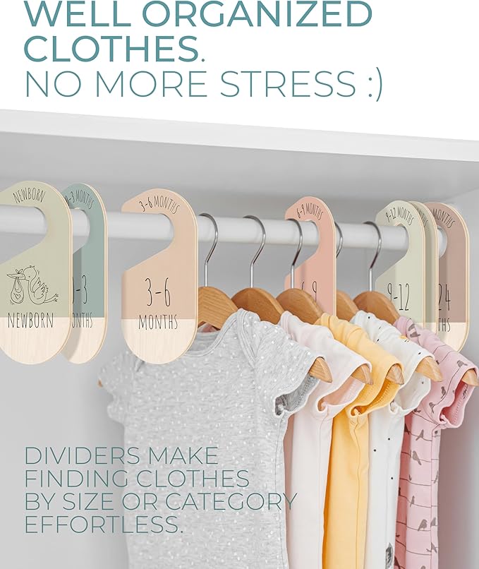 Baby Clothes Dividers For Closet - Wooden Baby Clothes Organizer Dividers for Boy & Girl, 8 Baby Closet Dividers by Size - Ideal Clothing Organizers