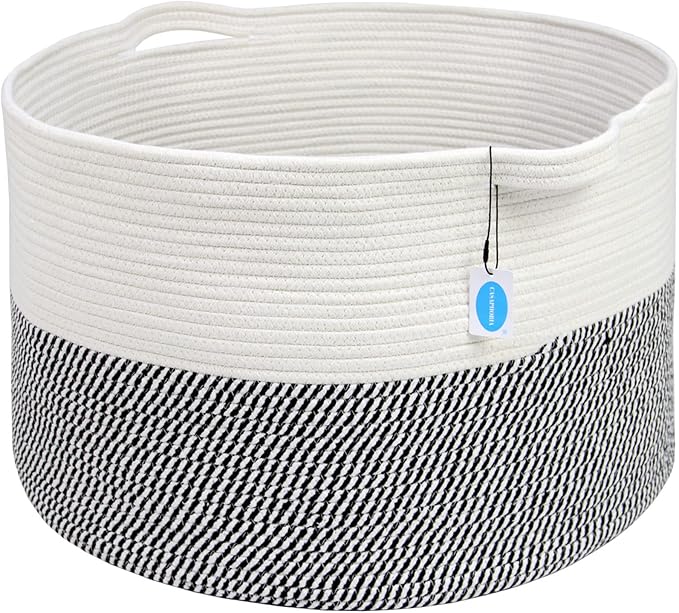 Casaphoria XXXLarge Cotton Rope Basket for Living Room - Woven Storage Basket with Handle for Blankets, Towels and Pillows Laundry Hamper | White & Grey (21.7" x 21.7" x 13.8")