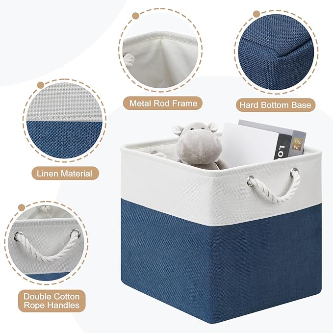 13x13 Storage Cube Bins 4Pack,Collapsible Cube Storage Organizer for Closet, Fabric Storage Box w/ Rope Handles, Foldable Storage Baskets for Shelves, Clothes,Closet Organization - White/Blue