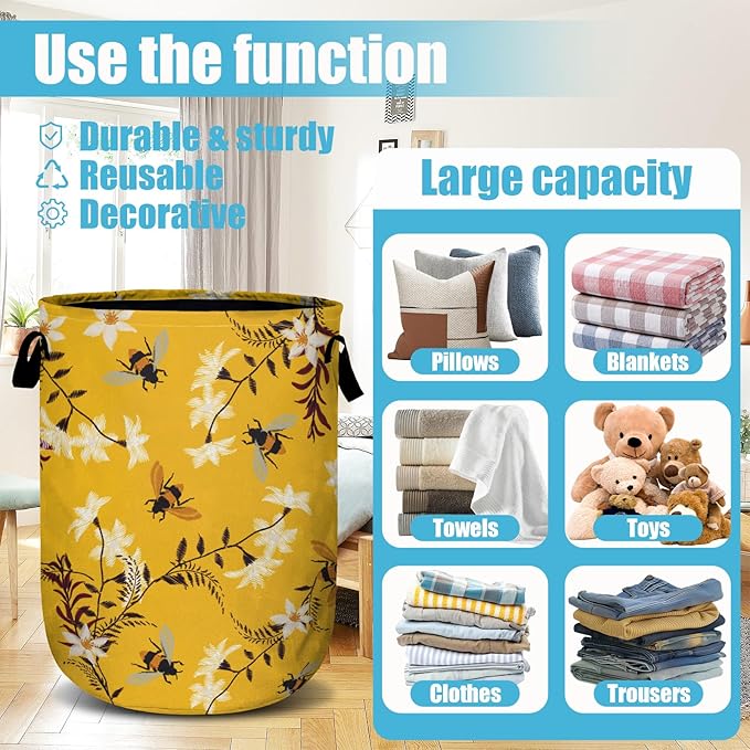 Bee Flower Laundry Basket, Spring Floral Laundry Hamper Collapsible Oxford Cloth with Handle Clothes Toy Storage Bin for Bathroom Laundry Room Bedroom 15.7 X 20 Inch