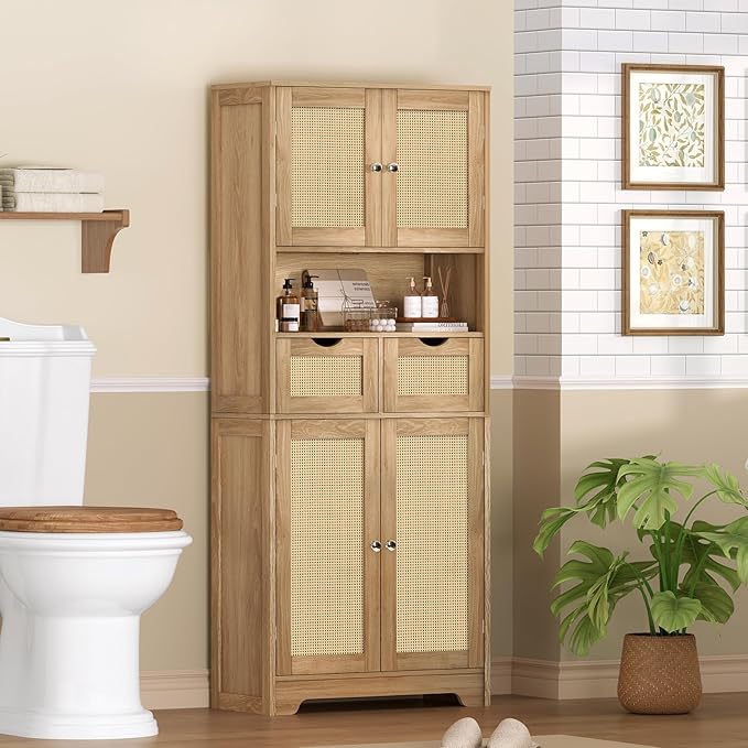 WEENFON 57.8" H Tall Storage Cabinet with 2 Drawers & 2 Adjustable Shelves, Rattan Cabinets with 4 Doors, Cupboard, Kitchen Cabinets, Pantry Cabinet, Tall Cabinet for Living Room, Entryway, Natural