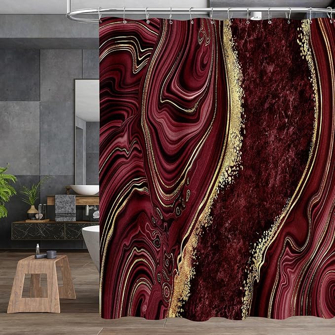 4PCS Burgundy Red Marble Shower Curtain Sets with Rugs, Abstract Bathroom Sets with Shower Curtain and Rugs, Gold Bathroom Curtains Shower Set with Toilet Lid Cover Accessories