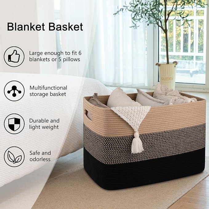 OIAHOMY 108L Super Large Blanket Basket, 25”x16”x16” Rectangle Woven Baskets for Storage, Cotton Rope Basket For Living Room, Toy Storage with Handle- Yellow and Black