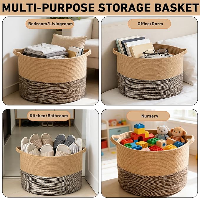 115L Large Blanket Basket,23.6" L x 23.6" W x 15.7" H Rope Woven Baskets with Handles, Toys Storage Bins,Laundry Basket Perfect for Living Room, Nursery,Bedroom,Home Organization,Jute&Black