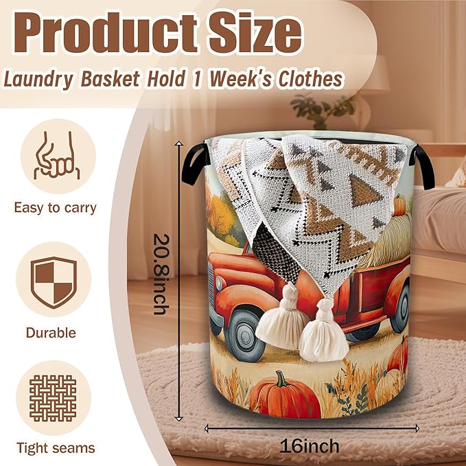 Happy Fall Laundry Hamper,Thanksgiving Day Red Truck and Pumpkin Laundry Baskets,Waterproof Oxford Cloth Toy Storage for Bedroom,Bathroom,Nursery,16x20.8 Inch