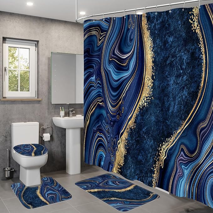 4PCS Navy Blue Gold Marble Shower Curtain Sets with Rugs, Abstract Bathroom Sets with Shower Curtain and Rugs, Gold Bathroom Curtains Shower Set with Toilet Lid Cover Accessories
