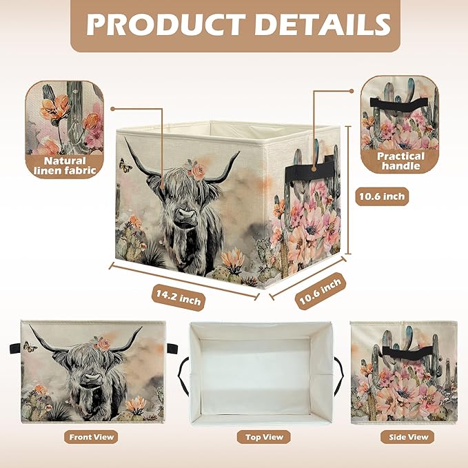 Western Highland Cow Storage Bins, Boho Western Floral Cactus Highland Cow Collapsible Storage Box Laundry Basket with Handle for Home Bedroom Bathroom Office Clothes Toys Books