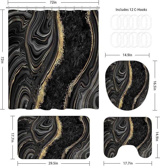 4PCS Black Gold Marble Shower Curtain Sets with Rugs, Abstract Bathroom Sets with Shower Curtain and Rugs, Bathroom Curtains Shower Set with Toilet Lid Cover for Bathroom Decor