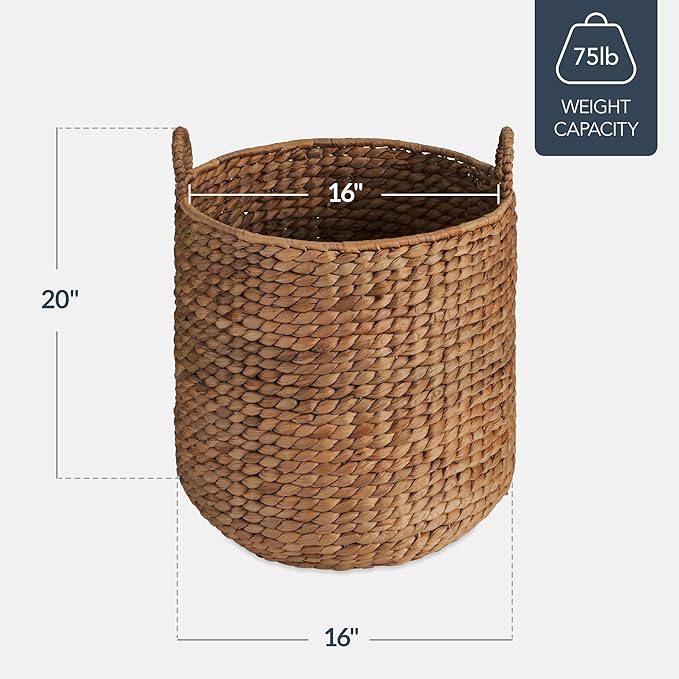Best Choice Products Round Storage Basket w/Handles, Handwoven Water Hyacinth, Plant Holder, Storage Organizer Tote Bin for Bedroom, Living Room, Bathroom - Chestnut
