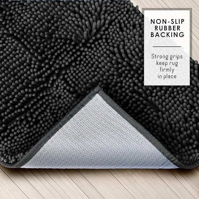 Hearth & Harbor Bathroom Rugs, Chenille Bath Mat - Machine Washable Bath Mats for Bathroom Non-Slip Backing Rubber, Quick Dry Bathroom Mat - Black 24x36