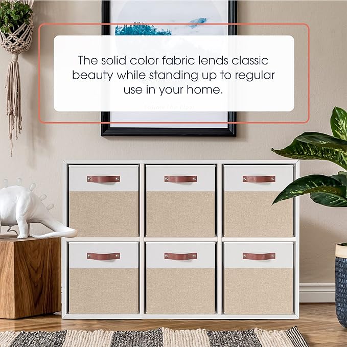 Ornavo Home 13 x 13 Storage Cube Bins, Foldable Collapsible Fabric Storage Bins Box Linen Shelf Basket Cube Organizer for Closet with Leather Handles, 6 Pack, White/Khaki