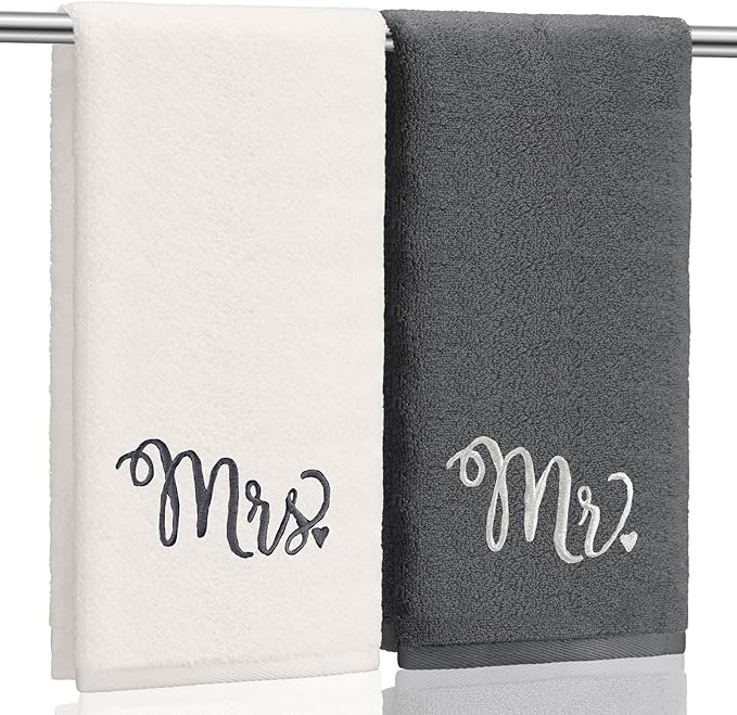 2 Pcs Mr. and Mrs. Hand Towels 100% Cotton Embroidered Bathroom Towel Gift for Valentine's Day Couple Wedding Engagement Anniversary Bathroom Decor 29 x 13 Inch