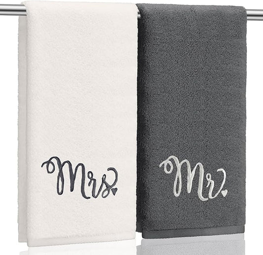 2 Pcs Mr. and Mrs. Hand Towels 100% Cotton Embroidered Bathroom Towel Gift for Valentine's Day Couple Wedding Engagement Anniversary Bathroom Decor 29 x 13 Inch