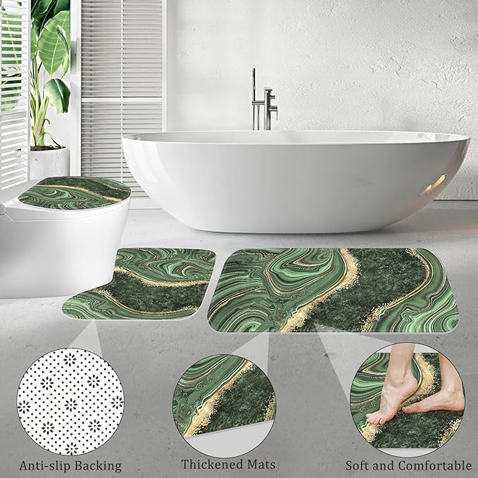 4PCS Sage Green Marble Bathroom Sets with Shower Curtain and Rugs, Abstract Gold Shower Curtain Sets with Rugs for Bathroom, Modern Bathroom Curtains Shower Set with Toilet Lid Cover