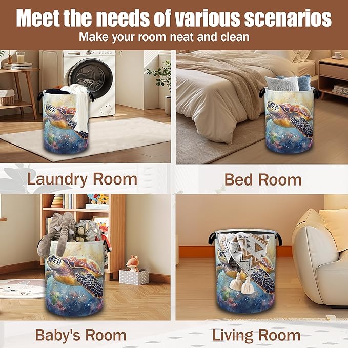 Watercolor Sea Turtle Laundry Baskets,Laundry Hamper,Storage Basket with Handles for Bathroom Bedroom College Dormitory Living Room Nursery Organizer 16"x20.8"