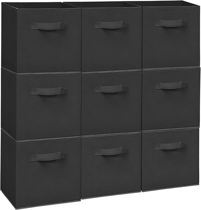 Easi 11 inch Cube Storage Bins, 9 Storage Cube Organizer, Collapsible Fabric storage cubes with Handles, Closet Storage Basket For Organization, Shelf Basket For Shelves Clothes Books, Black
