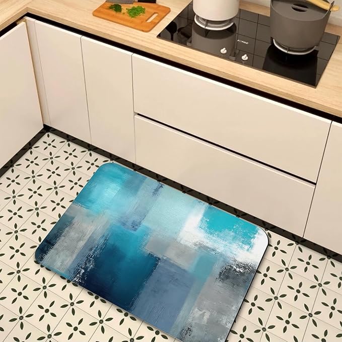 Abstract Blue Grey Bathroom Rugs, Non Slip Quick Dry Rustic Bath Mats for Bathroom, Super Absorbent Diatomaceous Bathmat for Home Kitchen Thin Floor Doormat 17 X 29.5 Inch