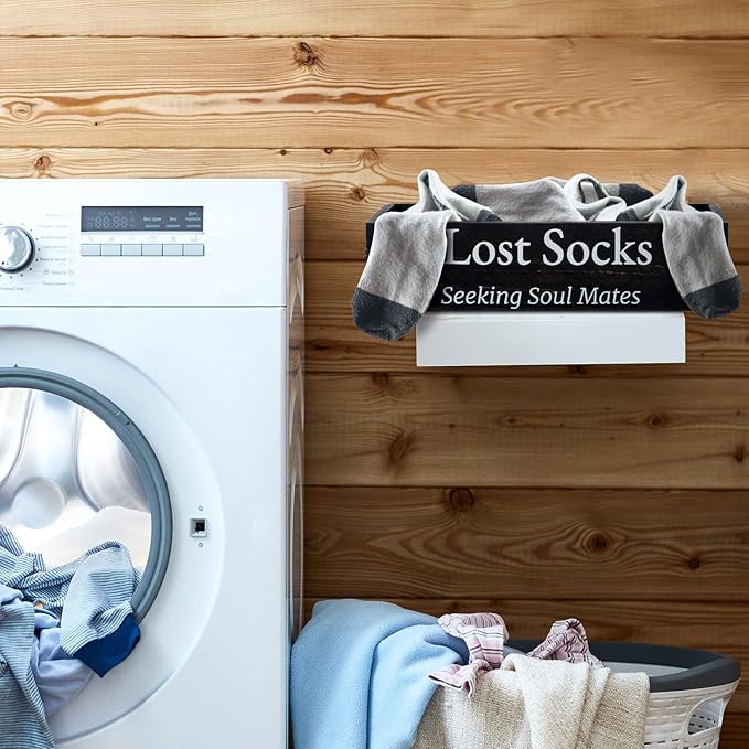 Farmhouse Missing Sock Basket - Wooden Laundry Room Organization - Rustic Farmhouse Decor - Funny Lost Socks Sign (Black, 9.4 x 3.94 x 2.36'')
