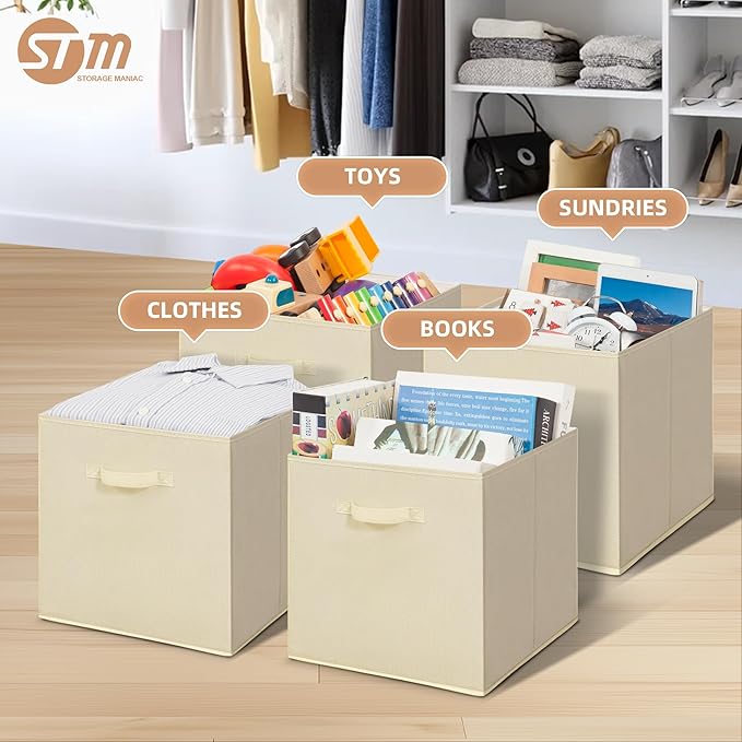 STORAGE MANIAC Storage Cubes, 13 Inch Collapsible Storage Bins with Handles, 4 Pack Fabric Foldable Bins for Organization, Durable Storage Bins for Closet, Shelves, Offices, Toys, 4-Pack Beige