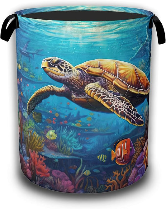 Sea Turtle Laundry Basket,Waterproof FoldableTropical Coral Reef Fish Laundry Hamper,Dirty Clothes Basket, Linen Bin Storage Organizer Collection 16" x 20.8"
