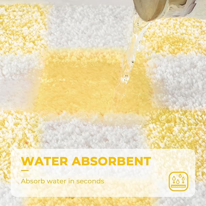 GRANNY SAYS Checkered Yellow Bathroom Rugs, 24" x 16", Non-Slip Bath Mats for Bathroom, Plush Shag Absorbent Microfiber Ultra Soft Bath Mat, Cute Washable Rug for Tub, Shower, Bedroom
