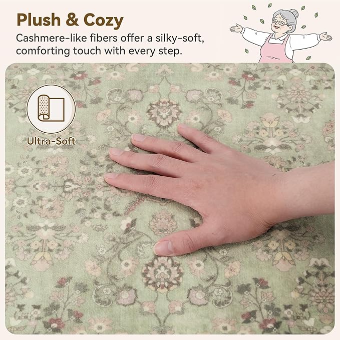 GRANNY SAYS Boho Bathroom Rugs 26"x 18" Non-Slip, Quick Dry & Washable, Vintage Bath Rug, Distressed Farmhouse Plush Velvet Bath Mat, Absorbent for Shower Toilet Sink, Pet Friendly - Flower Green