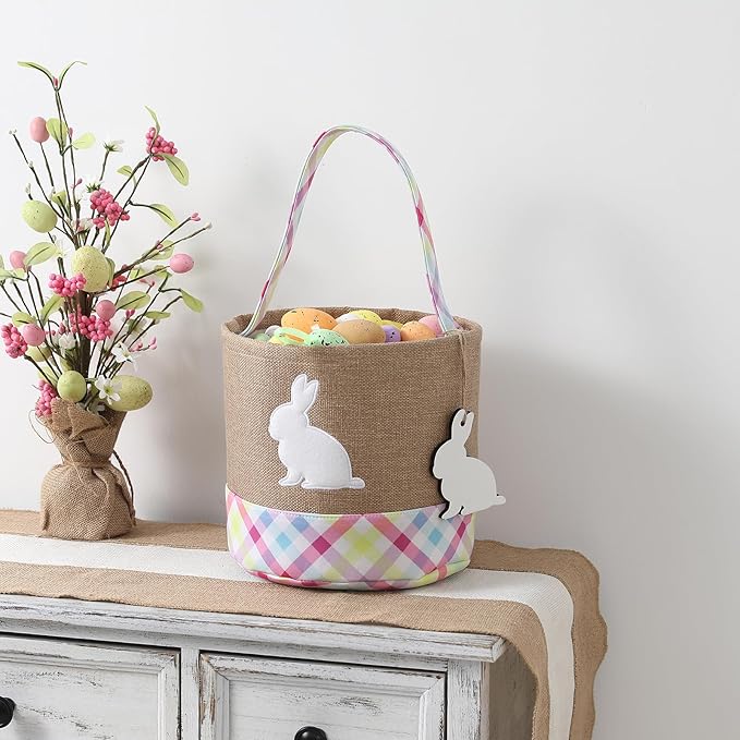 Easter Basket – Bunny Basket with DIY Blank Wooden Bunny Tag for Kids, Boys, Girls, Easter Egg Hunt, Candy Gift Storage (Pink)