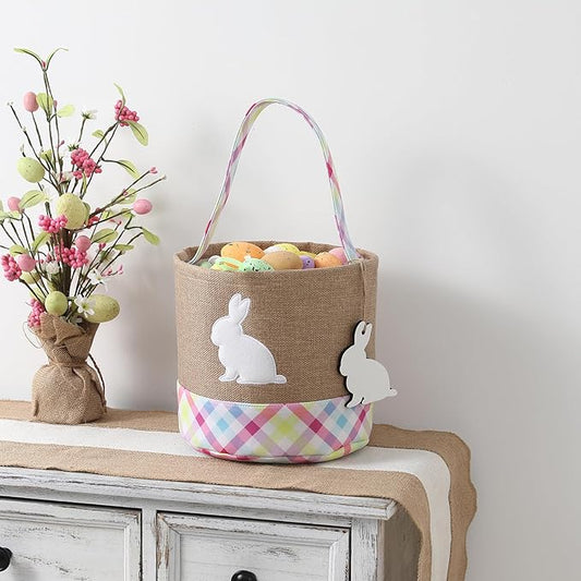 Easter Basket – Bunny Basket with DIY Blank Wooden Bunny Tag for Kids, Boys, Girls, Easter Egg Hunt, Candy Gift Storage (Pink)