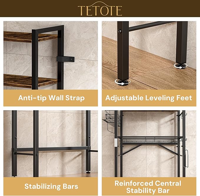 TETOTE Over Toilet Bathroom Organizer, 4-Tier Bathroom Over The Toilet Storage with Adjustable Shelf and Basket, Freestanding Space Saver Bathroom Shelves Above Toilet for Room(Brown)
