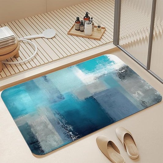 Abstract Blue Grey Bathroom Rugs, Non Slip Quick Dry Rustic Bath Mats for Bathroom, Super Absorbent Diatomaceous Bathmat for Home Kitchen Thin Floor Doormat 17 X 29.5 Inch