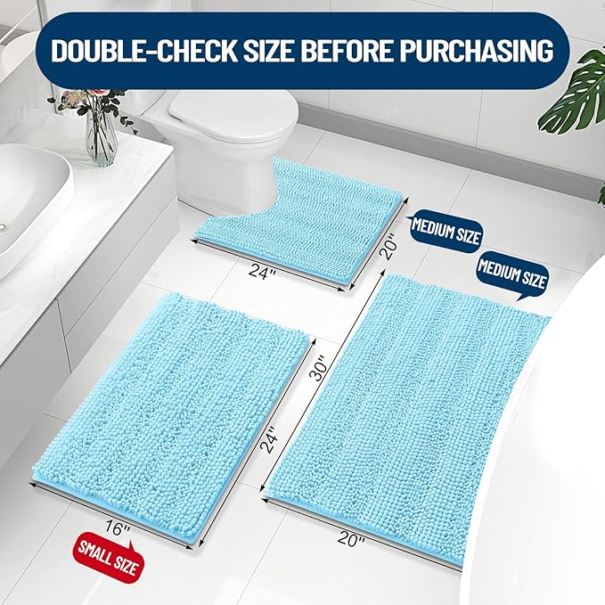 Grandaily Chenille Striped Bathroom Rugs 30x20, Extra Thick and Absorbent Bath Mats, Non-Slip Soft Plush Shaggy Shower Carpet, Machine Wash Dry, Bath Rug for Bathroom, (Medium, Blue)