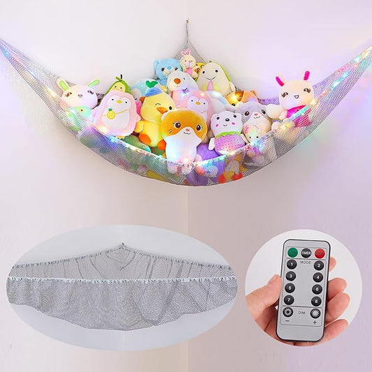 Basumee Stuffed Animals Net or Hammock with LED Light Hanging Toy Net Hammock for Stuffed Animals Storage Stuff Animals Hammocks for Nursery Room with Remote Control, 8 Kinds of Lights(Pack of 1)