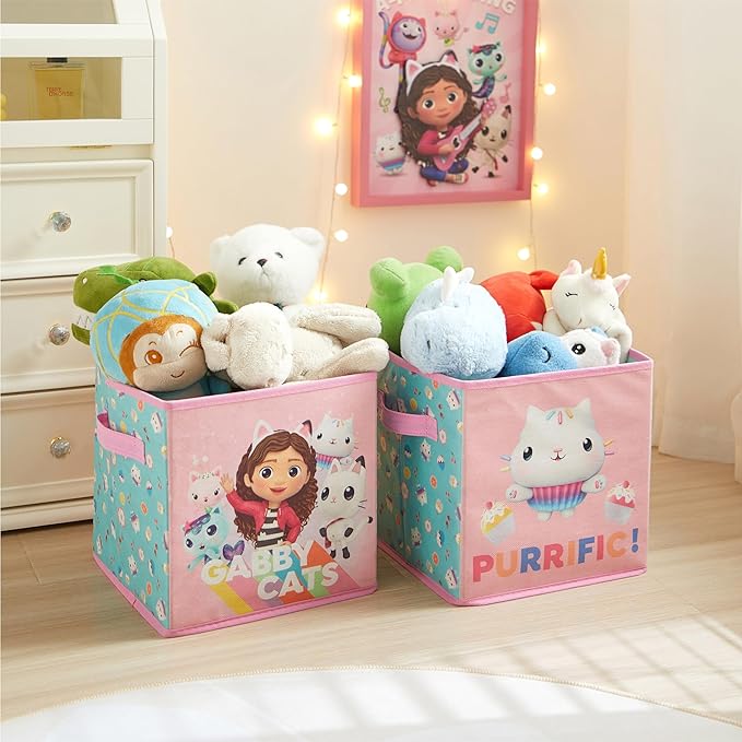 Gabby’s Dollhouse Set of 2 Collapsible Storage Cubes with Carry Handles, Kids Room & Playroom Organizer Bins, 10” x 10”