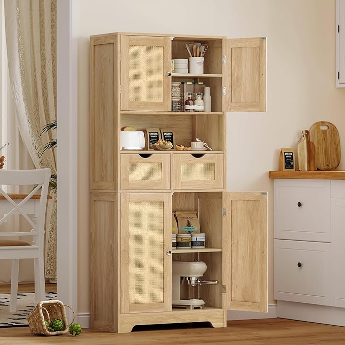 WEENFON 57.8" H Tall Storage Cabinet with 2 Drawers & 2 Adjustable Shelves, Rattan Cabinets with 4 Doors, Cupboard, Kitchen Cabinets, Pantry Cabinet, Tall Cabinet for Living Room, Entryway, Natural