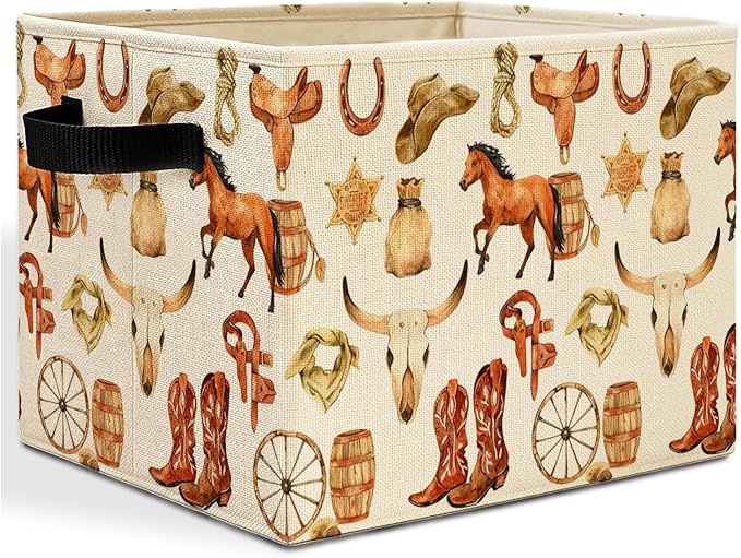 Western Cowboy Horse Storage Bins Box with Handles, Vintage Cowboy Boots Hat Bull Skull Southwestern Laundry Basket Hamper Collapsible Clothes Toys Organizer for Bedroom Bathroom Home
