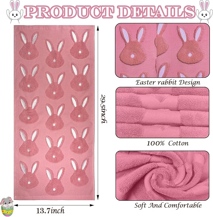 2pcs Easter Bunny Hand Towels Set 100% Cotton Soft Absorbent Spring Bathroom Hand Towels 14x29 Inch Cute Jacquard Easter Kitchen Decor Towels Holiday Kitchen Bathroom Decor Gift(Pink)
